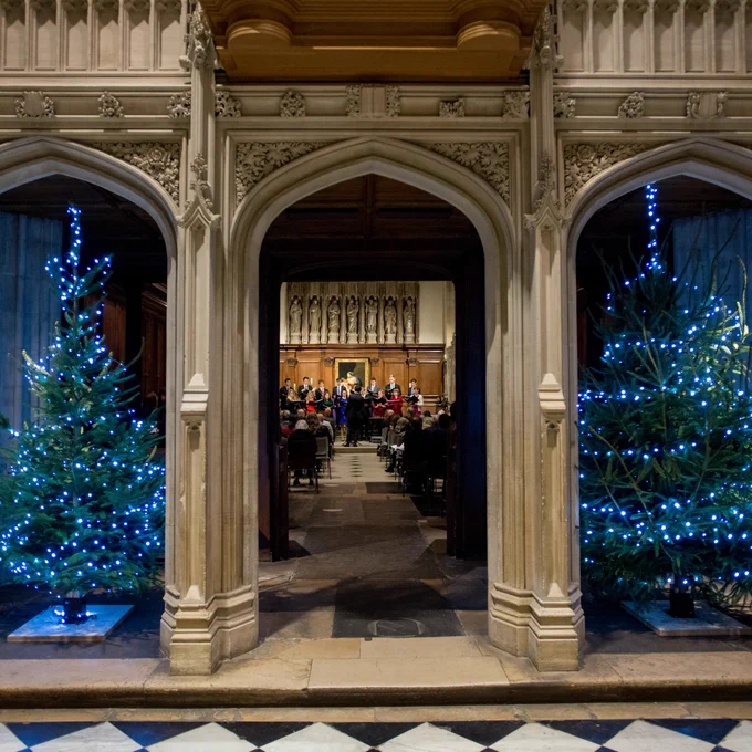 Christmas trees at the entrance to a college hall