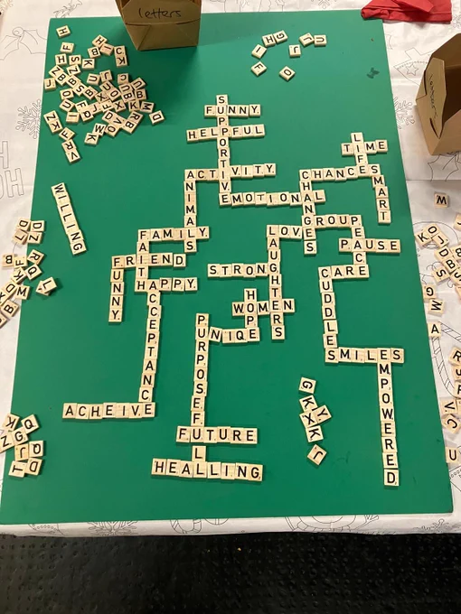 Image shows a green background with letter tiles that have been arranged to spell out different words that the women associate with Pause. Words include: supportive, funny, helpful, future, healing, empowered, emotional, strong, friend, faith, happy, acceptance. 