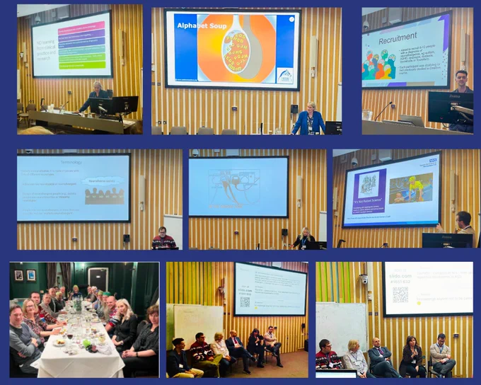 Multiple images of speakers in front of screens or sitting on chairs in a row. Multiple people at dining room table looking at camera. 