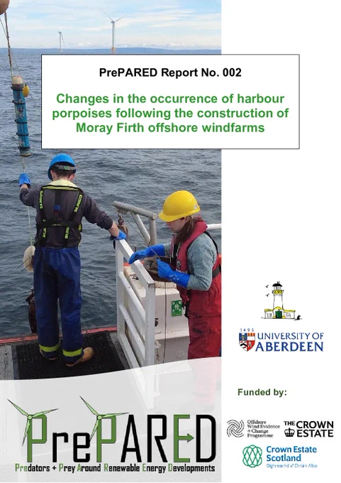 Cover of PrePARED Report No. 002 titled
"Changes in the occurrence of harbour porpoises following the construction of Moray Firth offshore windfarms"