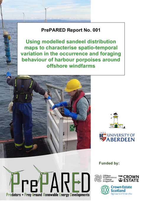 Cover of PrePARED Report No. 001 titled
"Using modelled sandeel distribution maps to characterise spatio-temporal variation in the occurrence and foraging behaviour of harbour porpoises around offshore windfarms"