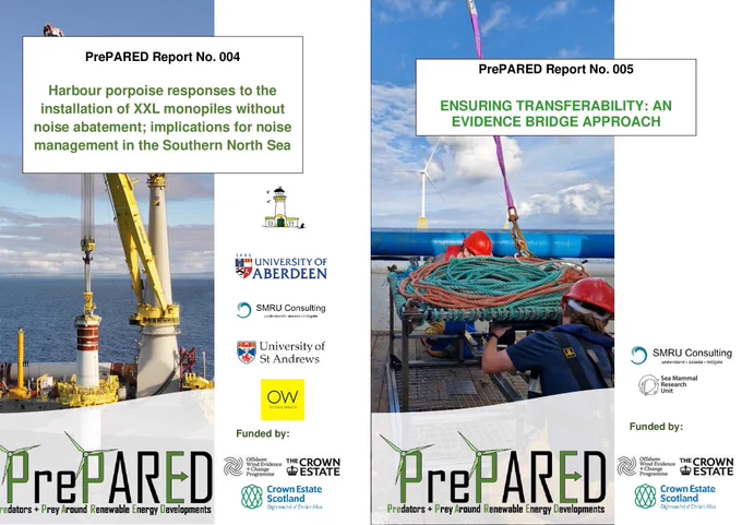 PrePARED Reports No. 004 titled 
"Harbour porpoise responses to the installation of XXL monopiles without noise abatement; implications for noise management in the Southern North Sea"
and No. 005 titled 
"Ensuring transferability: an evidence bridge approach"