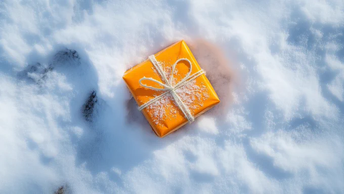 A brightly wrapped orange gift box tied with a rustic twine bow, lightly dusted with snow, resting on a bed of pristine white snow.