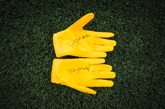 Photo of signed gold Frankie Luvu gloves sitting on turf. 
