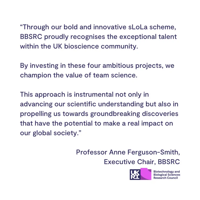 Quote from Professor Anne Ferguson-Smith, BBSRC Executive Chair, as featured in the news story:

"Through our bold and innovative sLoLa scheme, BBSRC proudly recognises the exceptional talent within the UK bioscience community.

By investing in these four ambitious projects, we champion the value of team science. 

This approach is instrumental not only in advancing our scientific understanding but also in propelling us towards groundbreaking discoveries that have the potential to make a real impact on our global society."