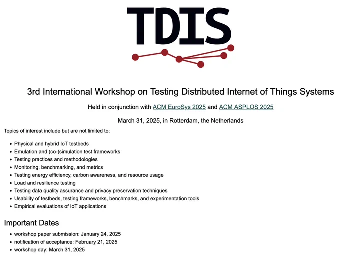 Screenshot of https://tdis.gitlab.io/tdis25/, showing the main topics of interests and our important dates 