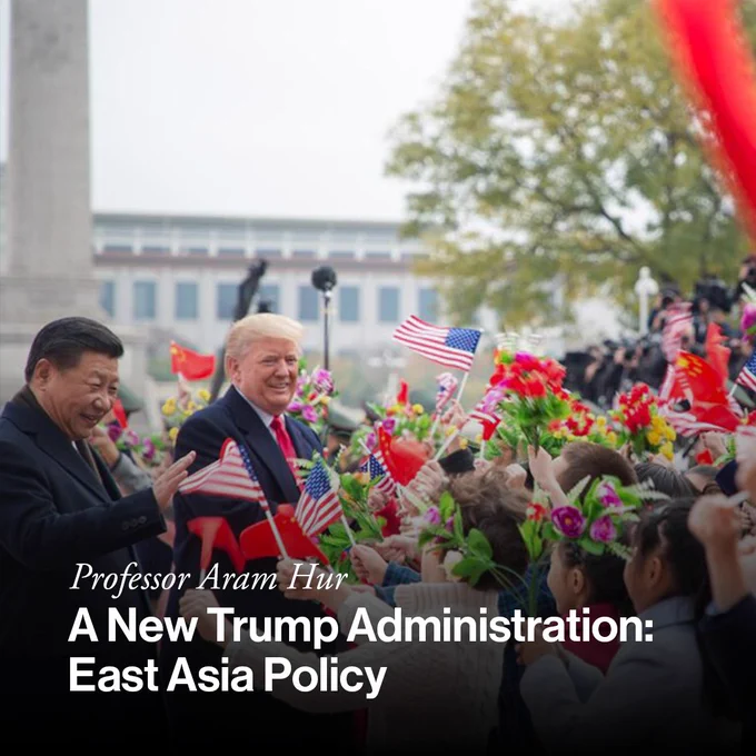 A photo of Donald Trump in China with the following text: "Professor Aram Hur, A New Trump Administration: East Asia Policy"