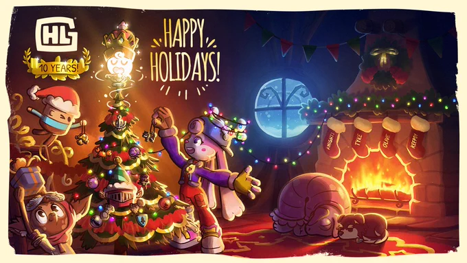 A Christmas scene featuring a tree being decorated by characters from various different Hyper Luminal Games projects.