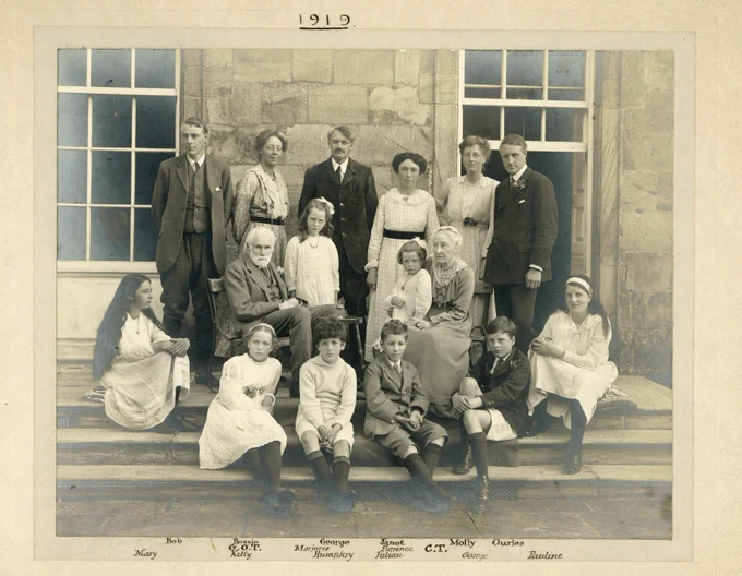 Photograph of the Trevelyan family at Walllington Hall in 1919. The members of the family are named at the bottom of the photograph.