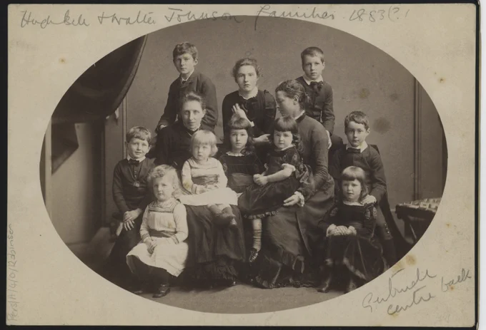 Photograph of the Bell family including members of the family of Walter Johnson in 1883. Gertrude Bell is in the middle of the back row.