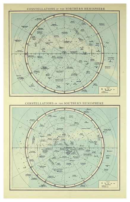 Illustrations from Malby's Celestial Globe Atlas showing the constellations of the Northern and Sourthern hemispheres.