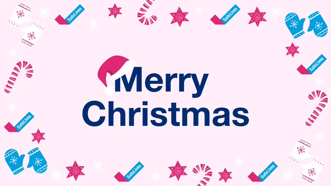 SafeLives post with illustrations of mittens, stars, snowflakes, candy canes and text that reads "Merry Christmas".