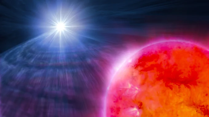 Künstlerische Darstellung des Aufblitzens eines Weißen Zwergs in Symbiose mit einem Roten Riesen. Credit: Ralf Schoofs / SpaceArtSchoofs