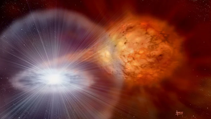  Künstlerische Darstellung des Moments, wenn die thermonukleare Reaktion auf der Oberfläche des Weißen Zwergs zündet. Credit: David A, hardy/astroart.org; https://apod.nasa.gov/apod/ap210822.html