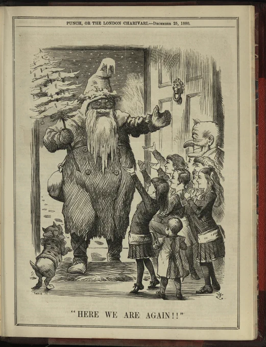 Page from Punch magazine containing an illustration of Santa arriving in a door way being greeted by a family. A caption below reads "Here we are again".