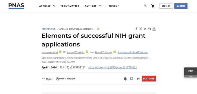 "Elements of successful NIH grant applications" by Houmam Araj, Leroy Worth Jr., and David T. Yeung.