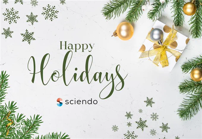 Holiday greeting from Sciendo featuring seasonal decorations, a gift box, and the message 'Happy Holidays' with the Sciendo logo.