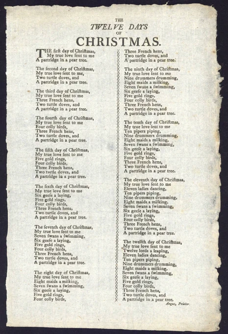 Broadside of The Twelve Days of Christmas.