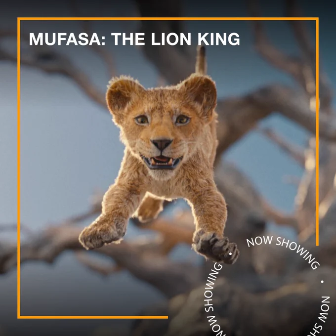 A lion cub leaps through the air. Text - Mufasa: The Lion King - Now Showing