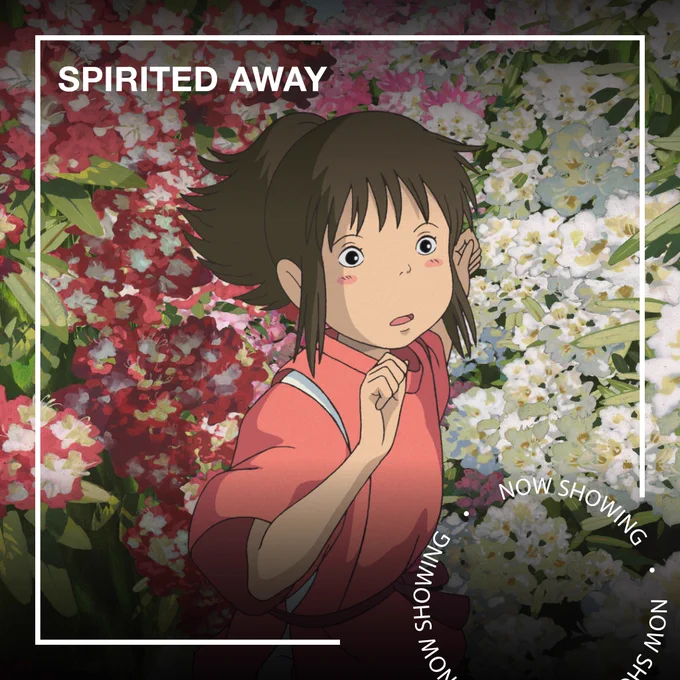 An anime still shows a young girl running through a row of red and white flowers. Text - Spirited Away, Now Showing
