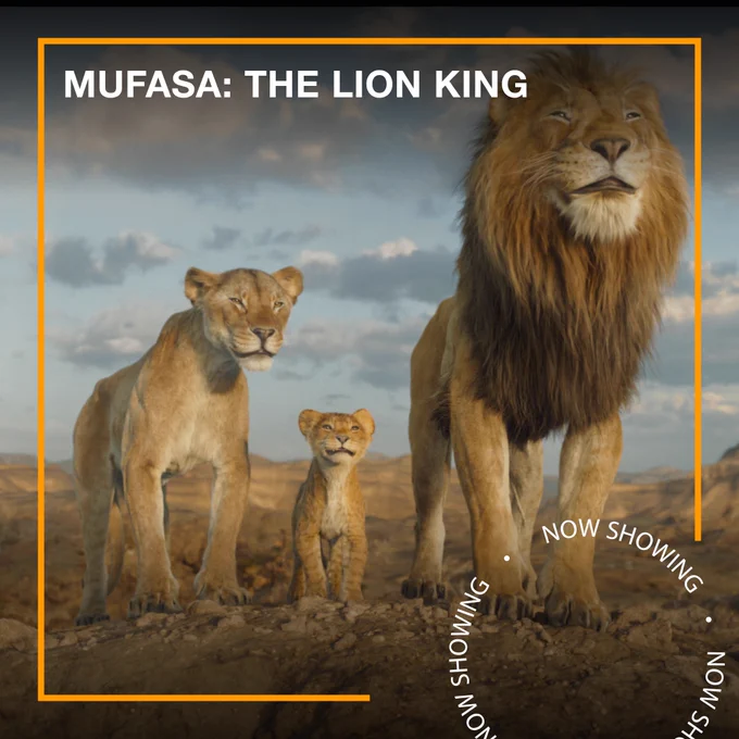 A lion, a lioness and a cub stand together looking up. Text - Mufasa: The Lion King, Now Showing