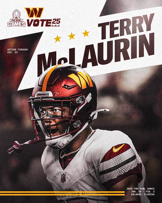 Terry McLaurin Pro Bowl graphic. The center is a photo of Terry wearing a burgundy helmet and white jersey. Above that is his name in large text. In the top right corner are the Pro Bowl and Commanders logos.