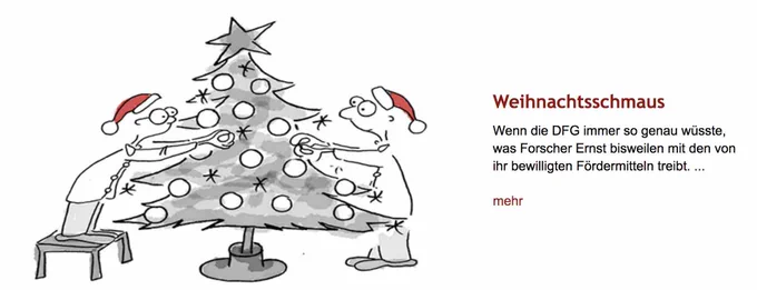 Comiczeichnung: Forscher Ernst und sein Student haben rote Weihnachtsmützen auf und hängen Kugeln an einen Weihnachtsbaum. Rechts daneben Überschrift "Weihnachtsschmaus" des im Post verlinkten Comics, gefolgt von dessen Vorspann.