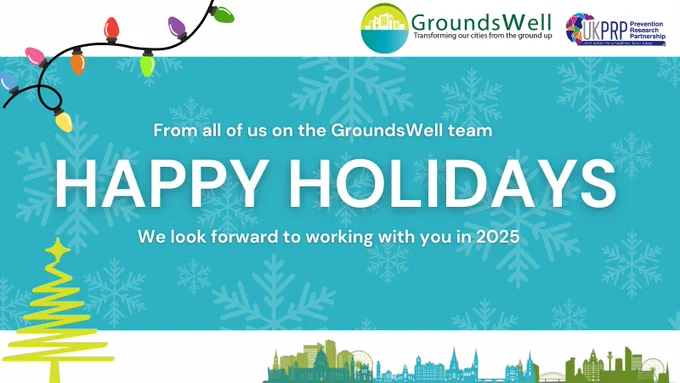 A card with fairy lights on the top left corner, and GroundsWell logo and UKPRP logo on top right corner. A blue section with white snowflakes in the background has text which reads: From all of us on the GroundsWell team - HAPPY HOLIDAYS - we look forward to working with you in 2025. Along the bottom right corner there are silhouettes of the three hub cityscapes: Belfast, Edinburgh and Liverpool.