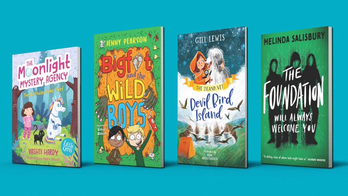 Book covers for The Birthday Cake Thief, Bigfoot and the Wild Boys, Devil Bird Island and The Foundation