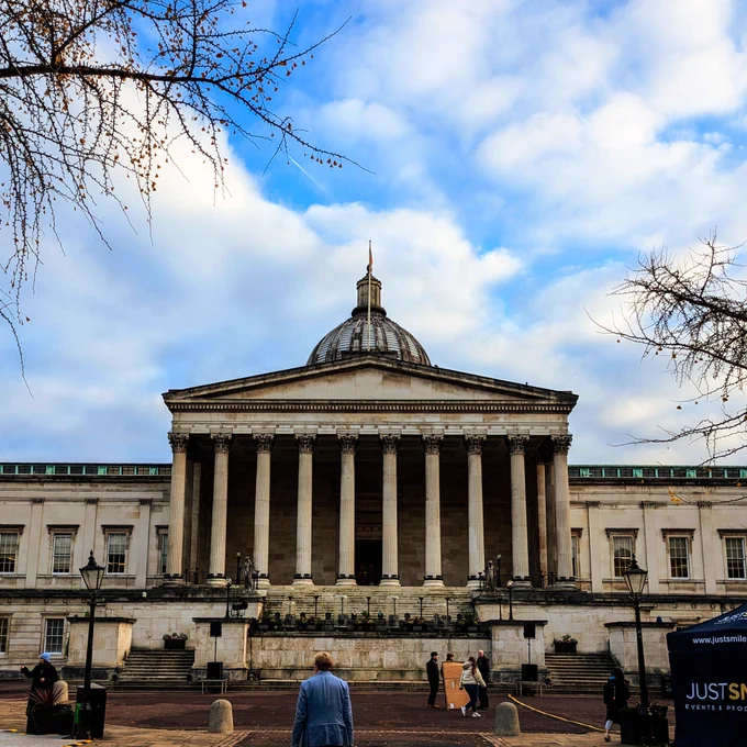 UCL's portico under a crisp blue winter sky 