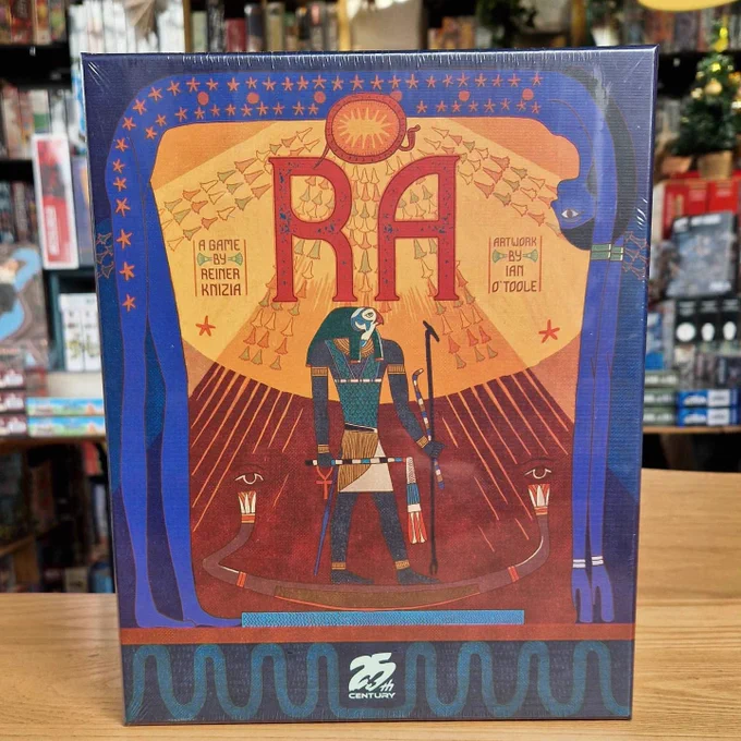 New stock in the board game shop Ancient Robot Games. The board game Ra with an illustration of the Egyptian god Ra on the cover.