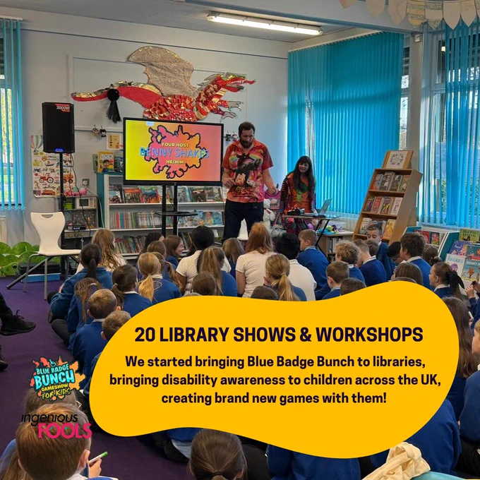 A crowd of children in front of a performer in a library, with a caption about doing 20 library performances and workshops for the first time this year. 
