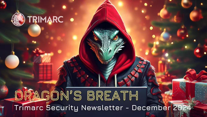 A dragon wearing a red and black hoodie in front of a laptop screen. There is a festive holiday scene behind the dragon, with ornaments, gifts, and decorated trees. In the upper left corner is the Triamrc logo, and wording at the bottom reads "Dragon's Breath; Trimarc Security Newsletter - December 2024"