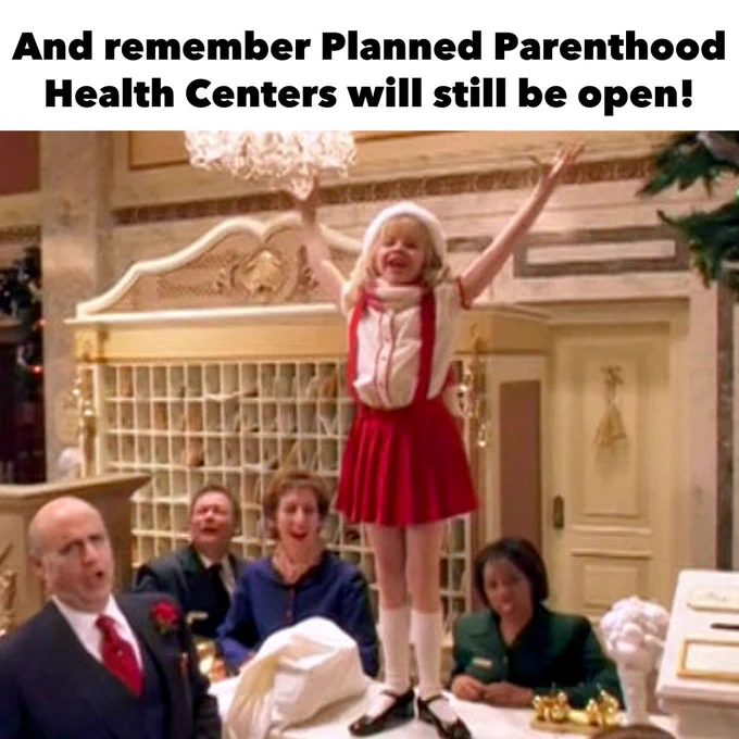 [Image description: Eloise from 'Eloise at Christmastime' in a red dress and white blouse raises their arms in excitement in a decorated room, surrounded by four adults who are reacting with surprise and amusement. Text overlay mentions that Planned Parenthood Health Centers will still be open.]