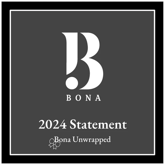 A large, white Bona Books "B" on a dark grey background, with "2024 Statement" as a title underneath, and the subtitle "Bona Unwrapped".