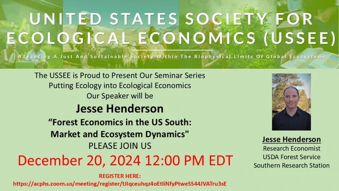 Putting Ecology into Ecological Economics:
Forest Economics

This Friday, December 20th at 12pm EST
 
Jesse Henderson will give a presentation on Forest Economics in the US South as a complement to Martin Dovciak's 12/13 presentation on Forest Ecology. 

This event is free. Registration is required to receive Zoom link. 