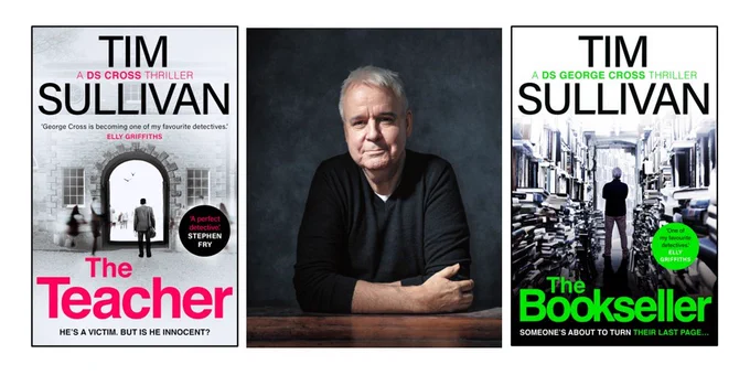 The cover of Tim Sullivan's The Teacher and The Bookseller, with a photo of Tim in between the two.