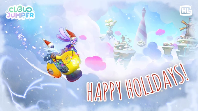 Olive rides her yellow jet bike through a wintery snow storm. Text reads 'Happy Holidays!'