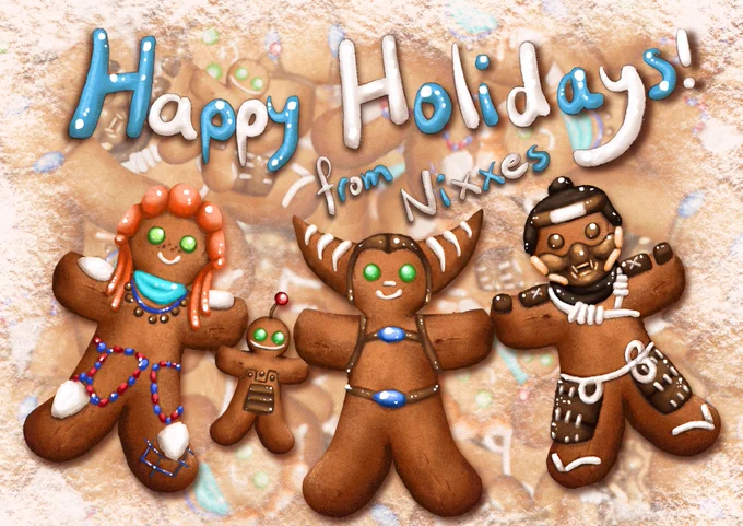 Holiday card highlighting Nixxes with various cookies based on PlayStation characters
