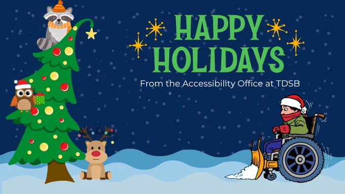 a holiday image depicting 3 cartoon animals in a christmas tree with a young boy in a wheelchair shovelling show