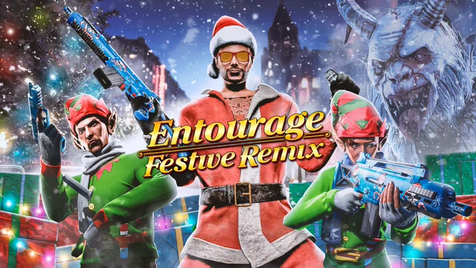 Entourage (Festive Remix) poster with a monstrous Krampus looking down on three armed characters wearing festive outfits armed with weapons adorned with the Special Carbine Skull Santa Finish or the Combat Pistol Snowman Finish.