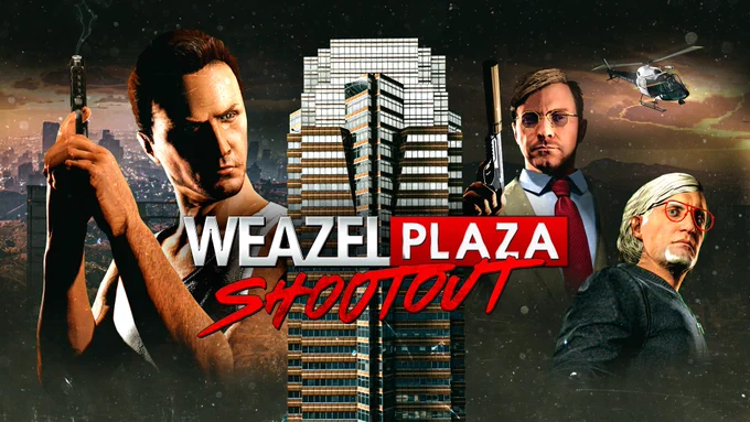 Weazel Plaza Shootout poster montage with a character in a white tank-top holding a handgun, a suited character with a silenced pistol, and a character in a black jacket, with the Weazel Plaza tower between them.