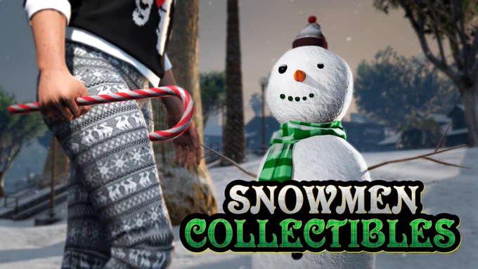 Snowmen Collectibles poster with a snowman smirking as someone walks past gripping a large candy cane at their hips.
