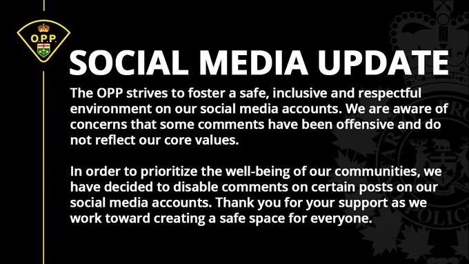 The OPP strives to foster a safe, inclusive and respectful environment on our social media accounts. We are aware of concerns that some comments have been offensive and do not reflect our core values. In order to prioritize the well-being of our communities, we have decided to disable comments on certain posts on our social media accounts. Thank you for your support as we work toward creating a safe space for everyone.  