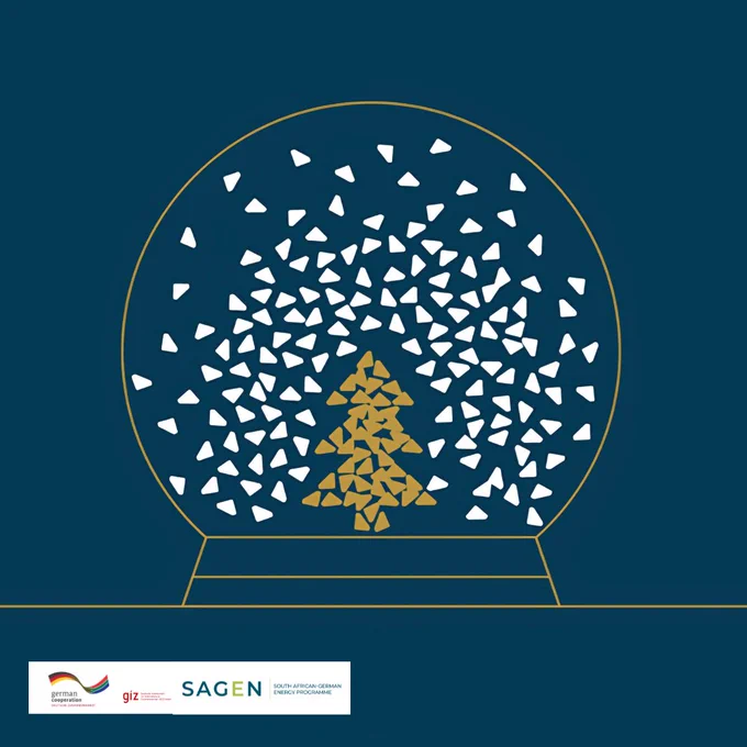 Illustrated snow globe with gold christmas tree. Seasons greetings from GIZ South Africa, Lesotho and eSwatini, and SAGEN (South African- German Energy Programme).