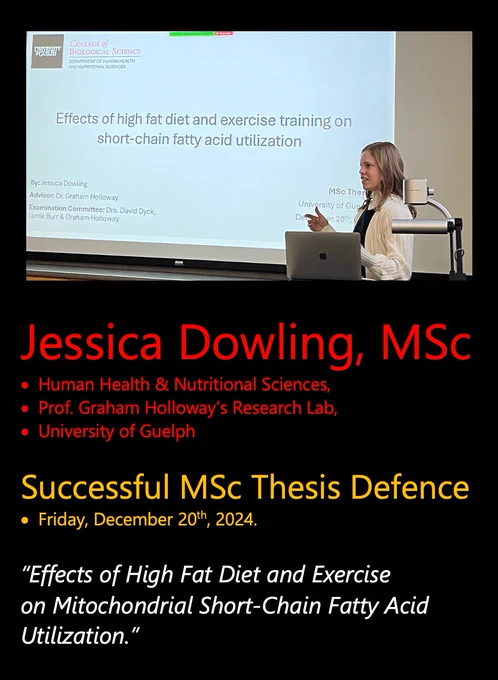 A photo of Jessica at her defence, in front of a projected title screen with the same title of her thesis that is listed in this posting.
