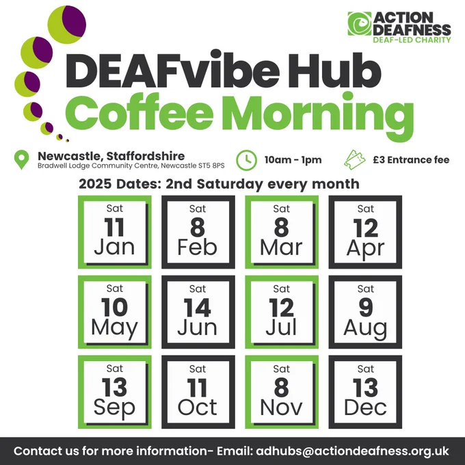 Action Deafness logo
DEAFvibe Hub Coffee Morning
📍 Newcastle, Staffordshire
Bradwell Lodge Community Centre, Bradwell Lane, Newcastle ST5 8PS
🕙 10am - 1pm
🎟️ £3 Entrance fee
📅 2025 Dates: 2nd Saturday every month: 11th January, 8th February, 8th March, 12th April, 10th May, 14th June, 12th July, 9th August, 13th September, 11th October, 8th November, 13th December

Contact us for more information- Email: adhubs@actiondeafness.org.uk