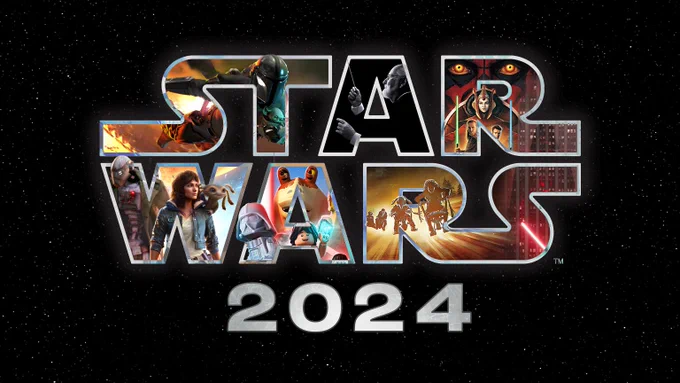 The Star Wars logo with various characters and scenes from important Star Wars moments from 2024.

Concept art from The Mandalorian and Grogu.
John Williams.
Star Wars: The Phantom Menace.
Star Wars Outlaws.
Star Wars: Skeleton Crew.

Under the logo is the year 2024.