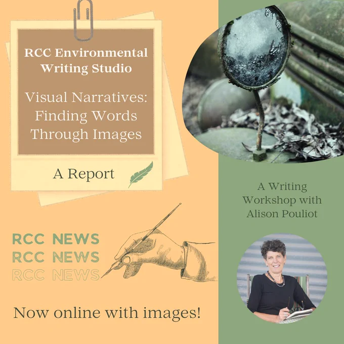 The graphic shows an image of an old-fashioned, broken car mirror covered in frost and fallen leaves. Beneath it is a photo of Alison Pouliot. The text says (top-down, lef-right): RCC Environmental Writing Studio, Visual Narratives: Finding Words Through Images, A Report. RCC News. Now online with images! A Writing Workshop with Alison Pouliot.