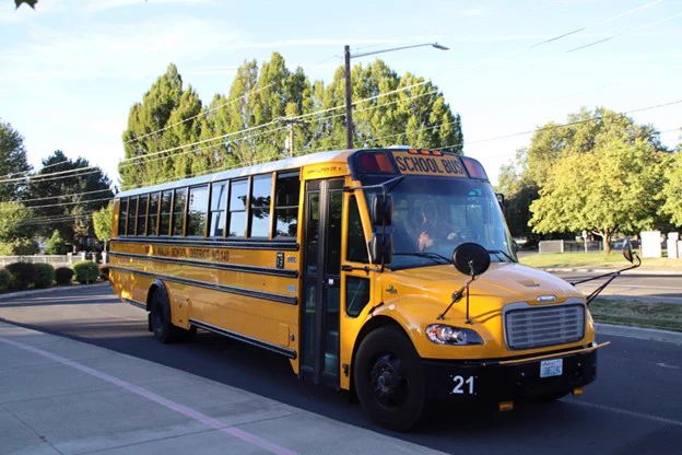 An electric-powered yellow school bus from the Walla Walla Washington school district. Photo by Wash. Dept. of Ecology.